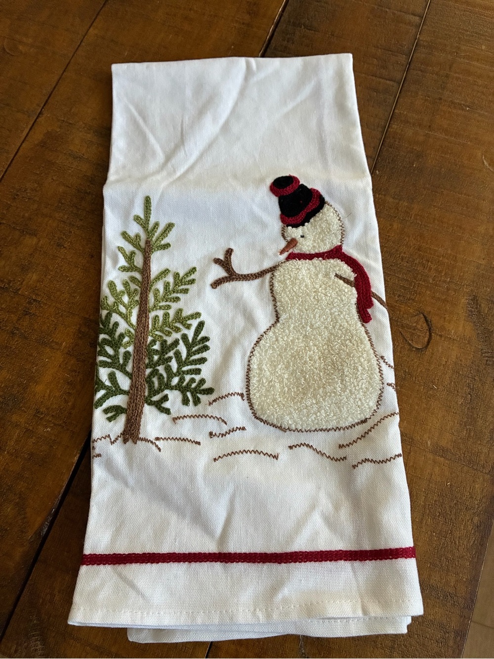 Williams Sonoma Holiday Snowman Embroidered Kitchen Towel - White NWOT